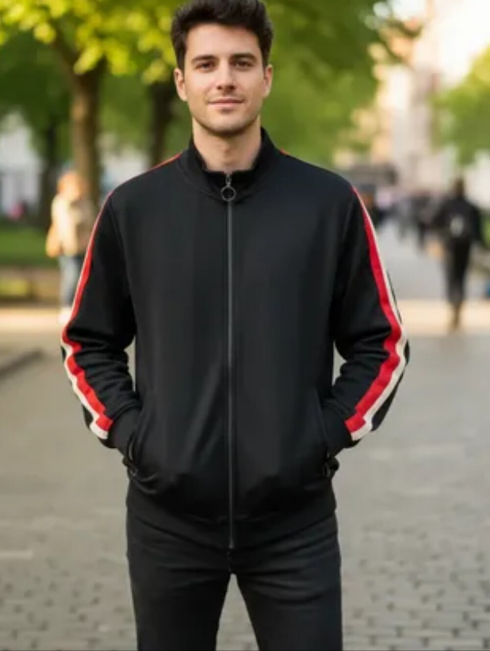 Banana Republic Black Zip-Up Sweater with Red and White Sleeve Stripes